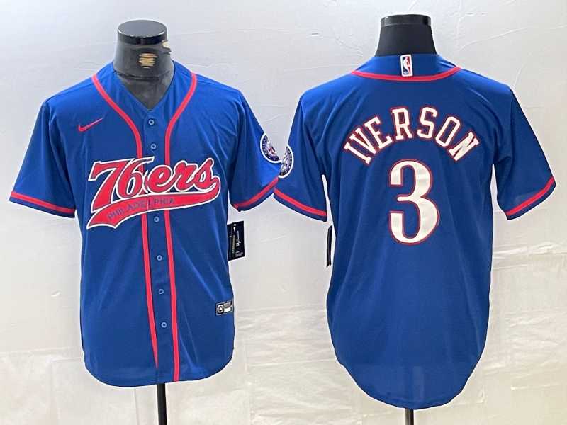 Men%27s Philadelphia 76ers #3 Allen Iverson Blue With Patch Cool Base Stitched Baseball Jersey->college and high school->NBA Jersey